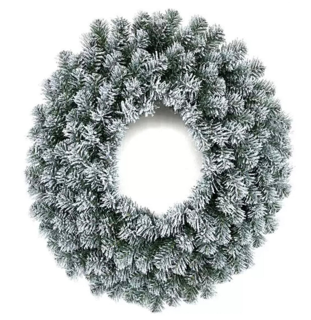 24" Flocked Canadian Pine Wreath - White Bayou Wreaths & Supply