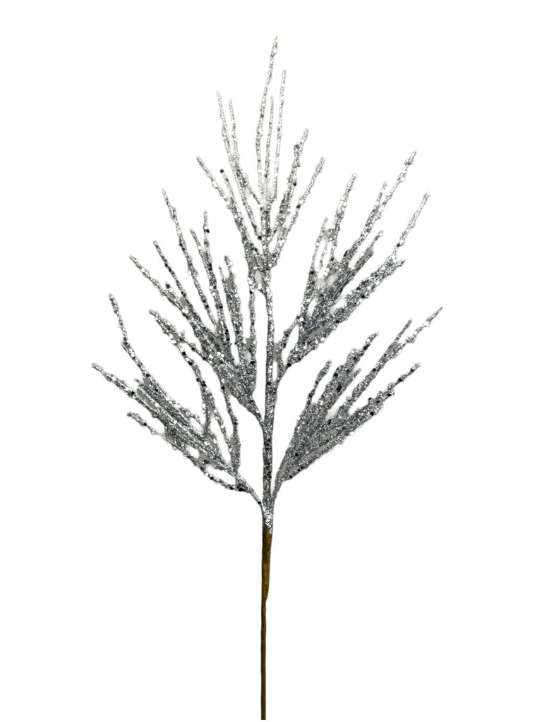 24" Glitter Pine Spray: Silver - 85890SV - White Bayou Wreaths & Supply
