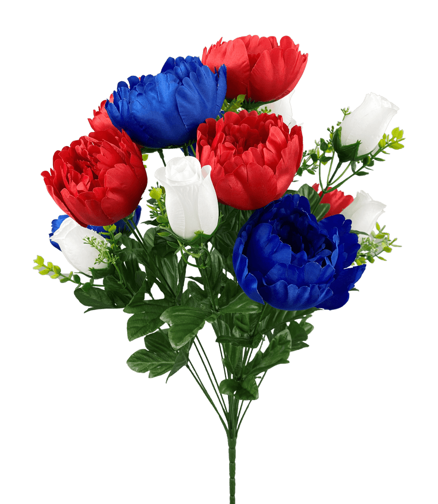 24" Peony Rose Bud Bush: Red, White, Blue - 30549RWB - White Bayou Wreaths & Supply