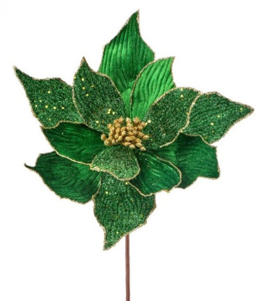 24"Glitter Velvet Beaded Poinsettia Stem - Green - MTX66871 - White Bayou Wreaths & Supply