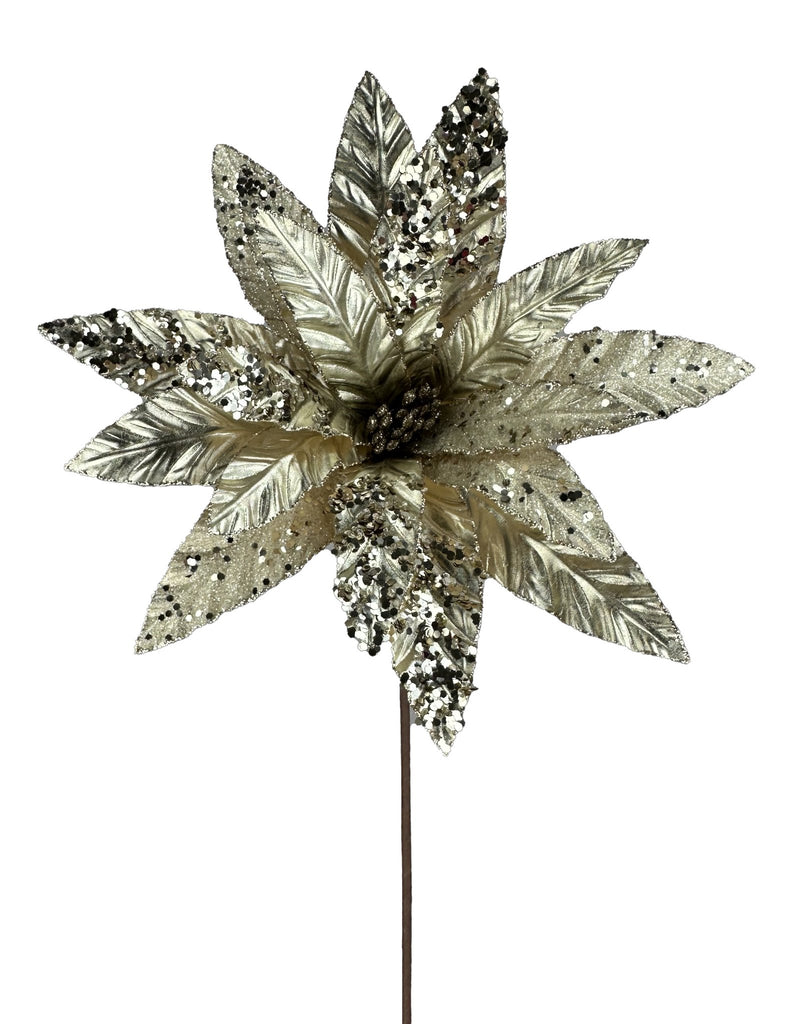 24"H x 11" Diameter Metallic Poinsettia Stem: Champagne - 86066CH - White Bayou Wreaths & Supply