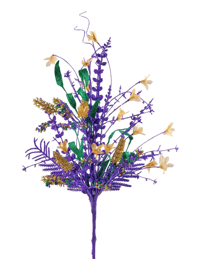 24"L Glitter Flower/Eva Leaf/Beads Spray: Mardi Gras - HG333723 - White Bayou Wreaths & Supply