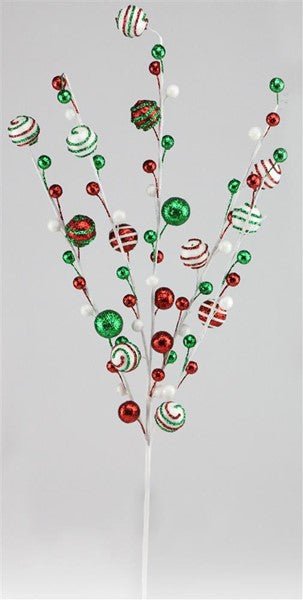 24"L Glitter/Stripe Ball Spray: Red, Emerald, White - XS978948 - White Bayou Wreaths & Supply