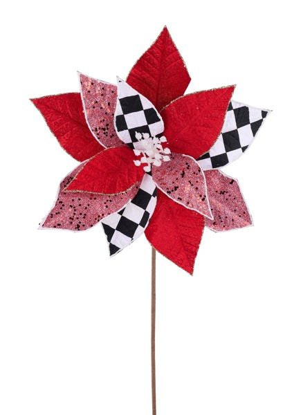 24"L x 12" Dia Velvet/Check Poinsettia: Black, White, Red, Gold - XS4085 - White Bayou Wreaths & Supply