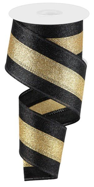 2.5" 3 - In - 1 Shimmer Glitter/Stripe: Black, Gold (10 Yards) RGA8220RF - White Bayou Wreaths & Supply