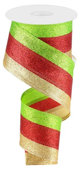 2.5" 3 - In - 1 Shimmer Glitter/Stripe: Red, Lime, Gold (10 Yards) RGA82204A - White Bayou Wreaths & Supply