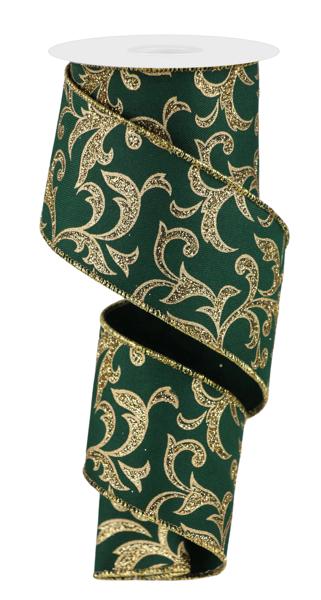 2.5" Acanthus Leaf Ribbon: Hunter Green, Gold (10 Yards) RGE18433C - White Bayou Wreaths & Supply