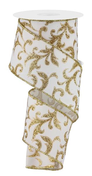 2.5" Acanthus Leaf Ribbon: Ivory, Gold (10 Yards) RGE184337 - White Bayou Wreaths & Supply