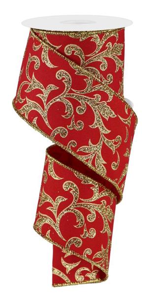 2.5" Acanthus Leaf Ribbon: Red, Gold (10 Yards) RGE184324 - White Bayou Wreaths & Supply