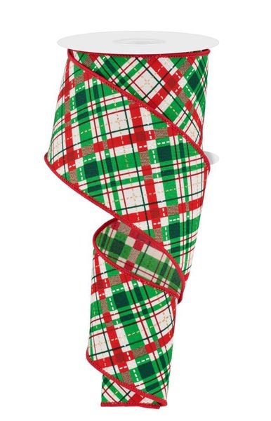 2.5" Bias Look Plaid On Diagonal: Ivory, Red, Green, Cream, Gold (10 Yards) RGE179545 - White Bayou Wreaths & Supply