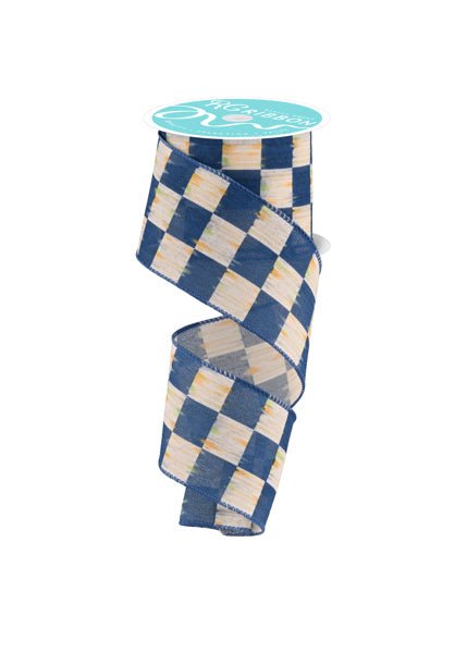 2.5" Bold Antique Checkerboard: Beige, Blue, Multi (10 Yards) RGF129625 - White Bayou Wreaths & Supply