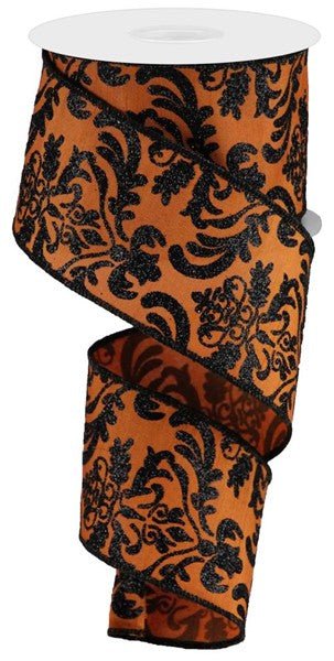 2.5" Bold Damask/Faux Dupioni: Orange, Black (10 Yards) RGB1325TC - White Bayou Wreaths & Supply