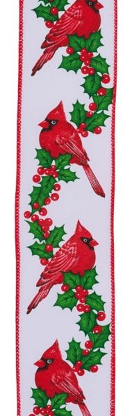 2.5" Cardinal w/Holly: White, Red, Emerald (10 Yards) RGF115027 - White Bayou Wreaths & Supply