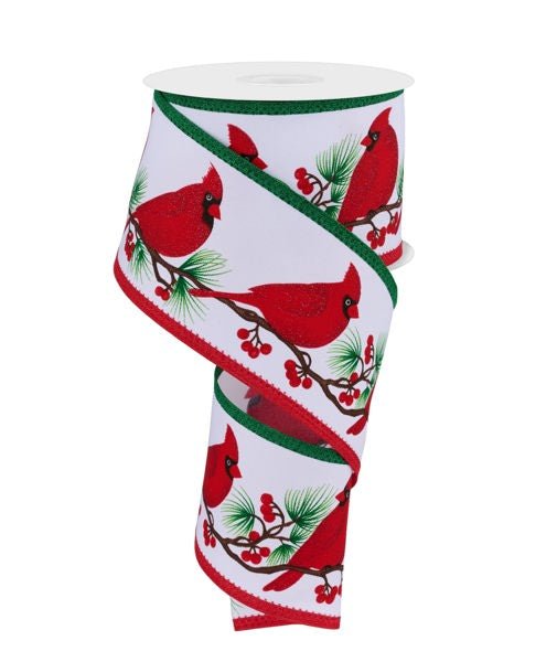 2.5" Cardinals/Branch w/Royal: White, Red, Green (10 Yards) RGA852127 - White Bayou Wreaths & Supply