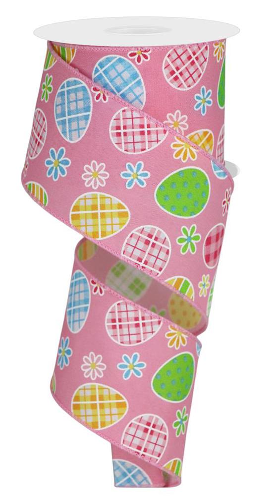 2.5" Check Plaid Egg/Daisy On Pg: Pink, Blue, Lime (10 Yards) RGE140615 - White Bayou Wreaths & Supply