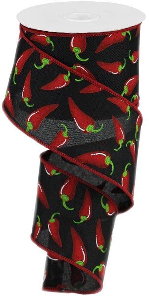 2.5" Chili Peppers On Royal, Black, Red, Green (10 Yards) RGB135702 - White Bayou Wreaths & Supply
