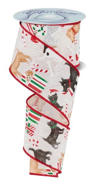 2.5" Christmas Dogs: Cream, Multi (10 Yards) RX443938 - White Bayou Wreaths & Supply