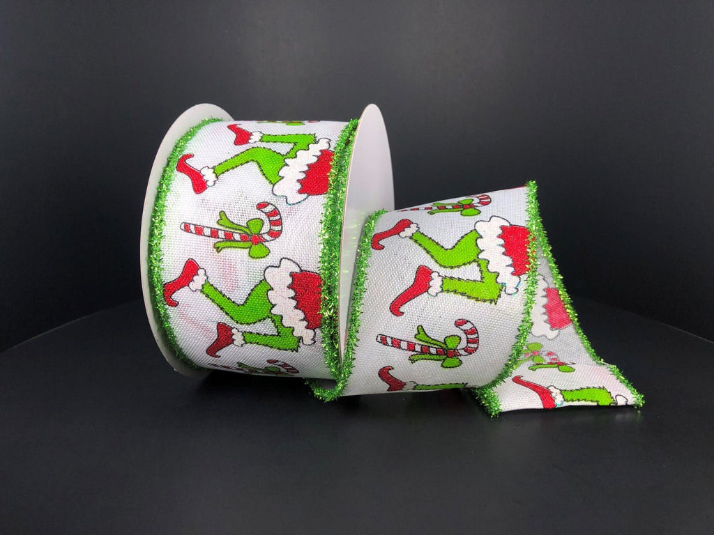 2.5" Christmas Green Monster Legs & Candy Canes Ribbon: Green (10 Yards) 71118 - 40 - 09 - White Bayou Wreaths & Supply