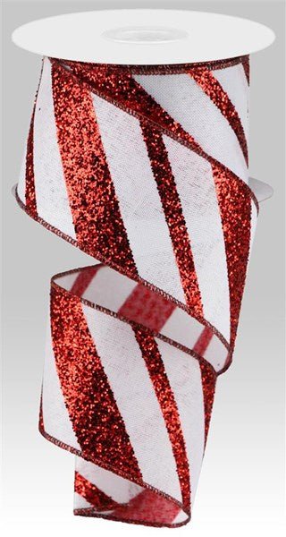 2.5" Diagonal Glitter On Royal: White, Red (10 Yards) RGA150327 - White Bayou Wreaths & Supply