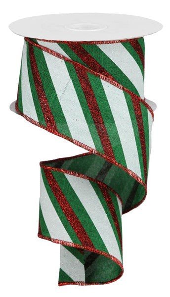 2.5" Diagonal Glitter Stripe: Emerald Green, White, Red (10 Yards) RGA107606 - White Bayou Wreaths & Supply