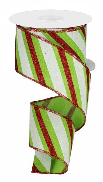 2.5" Diagonal Glitter Stripe: Lime Green, Red, White (10 Yards) RGA1076E9 - White Bayou Wreaths & Supply