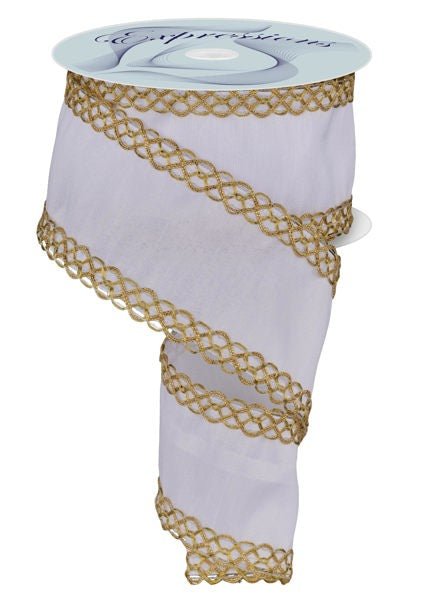 2.5" Faux Dupioni w/ Metallic Trim: White, Gold (10 Yards) RD1900C6 - White Bayou Wreaths & Supply