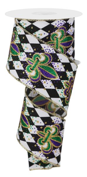 2.5" Fleur De Lis Harlequin: Black, White, Mardi Gras (10 Yards) RGE1703 - White Bayou Wreaths & Supply