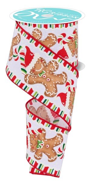 2.5" Gingerbread w/Santa Hat: White, Red, Green, Brown (10 Yards) RGF123027 - White Bayou Wreaths & Supply