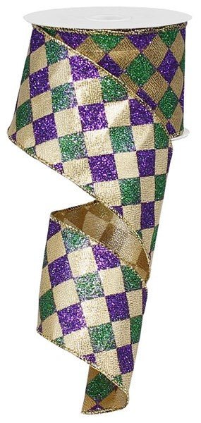 2.5" Glitter Diamond Check: Mardi Gras (10 Yards) RG1930WY - White Bayou Wreaths & Supply