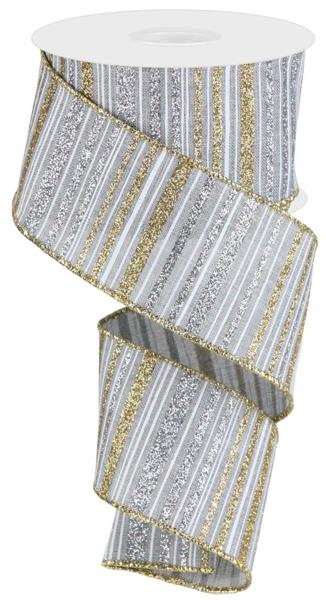 2.5" Glitter Stripes On Royal Burlap: Light Grey, Silver, Gold (10 Yards) RGC195610 - White Bayou Wreaths & Supply