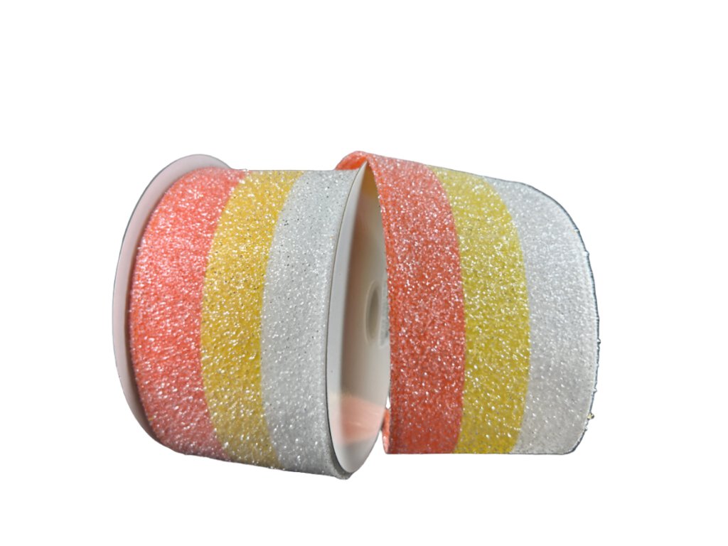 2.5" Glittered Candy Corn Stripes: Orange, Yellow, White (10 Yards) 56421 - 40 - 01 - White Bayou Wreaths & Supply