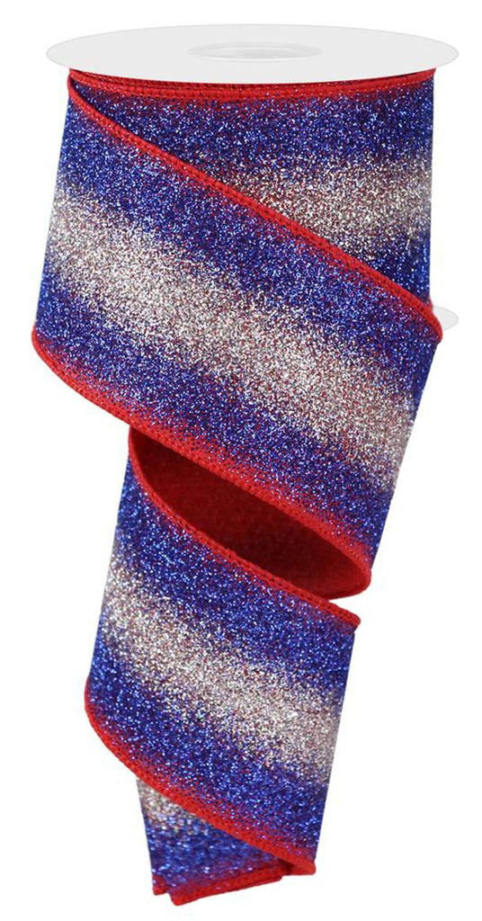 2.5" Gradient Glitter: Red, Royal Blue, Silver (10 Yards) RGE1792NW - White Bayou Wreaths & Supply