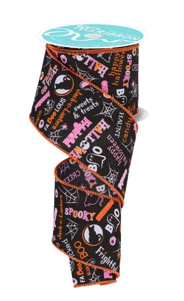 2.5" Halloween Words: Black, Pink, Orange, Light Pink (10 Yards) RGF1305J6 - White Bayou Wreaths & Supply