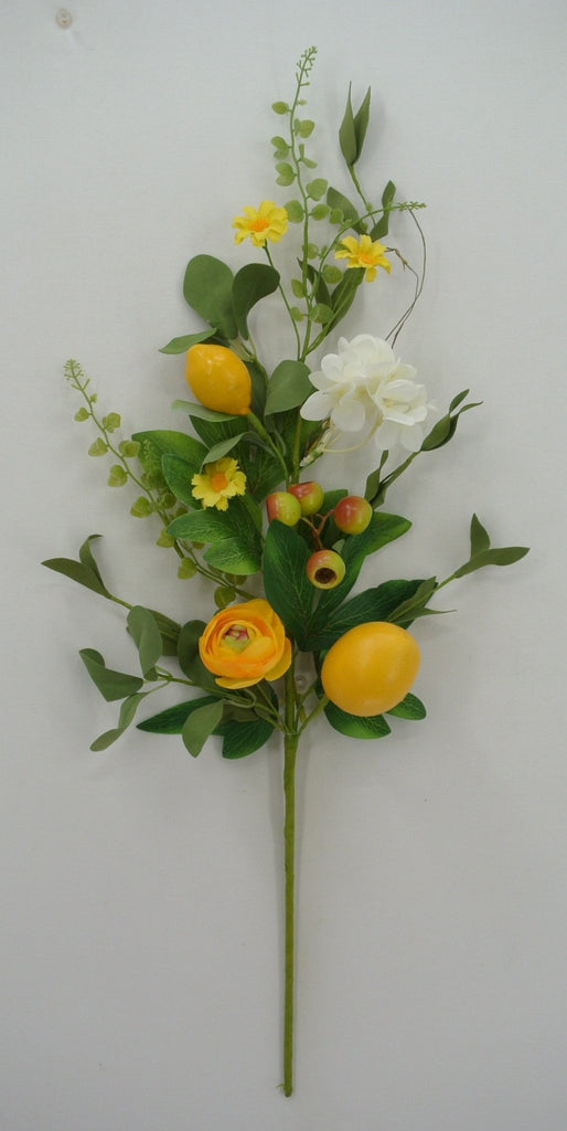 25" Lemon, Ranunculus, Hydrangea, Leaves Spray - 64892 - White Bayou Wreaths & Supply