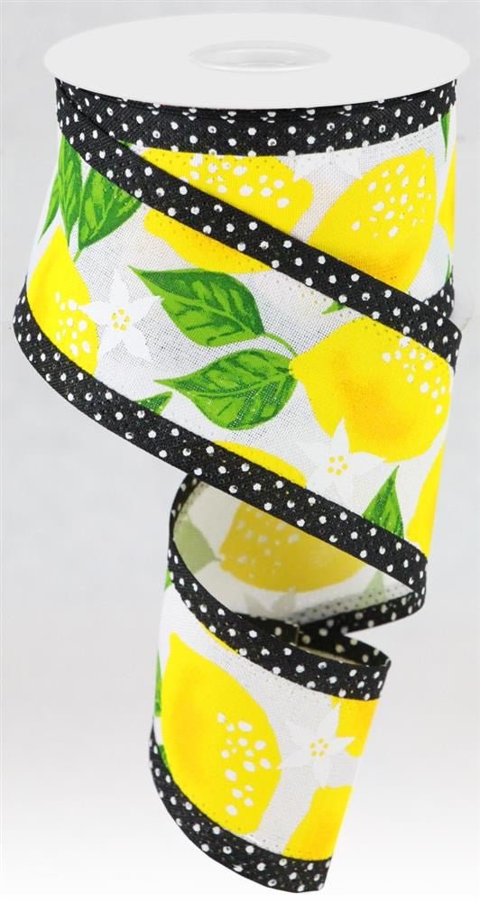 2.5" Lemons / Swiss Dots: White, Yellow, Black (10 Yards) RG0887727 - White Bayou Wreaths & Supply