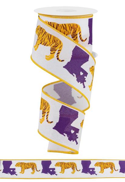 2.5" Louisiana w/Tiger Football Ribbon: White, Purple, Yellow (10 Yards) RGE1949 - White Bayou Wreaths & Supply