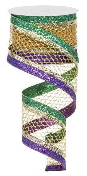 2.5" Mesh w/Glitter Edge: Mardi Gras (10 Yards) RN5281AP - White Bayou Wreaths & Supply