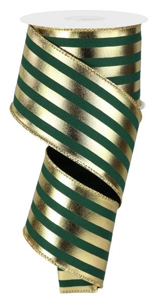 2.5" Metallic Vertical Stripes: Hunter Green, Gold (10 Yards) RGE1429CK - White Bayou Wreaths & Supply