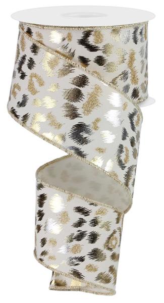 2.5" Metallic/Glitter Leopard: White., Gold, Silver (10 Yards) RGE118930 - White Bayou Wreaths & Supply