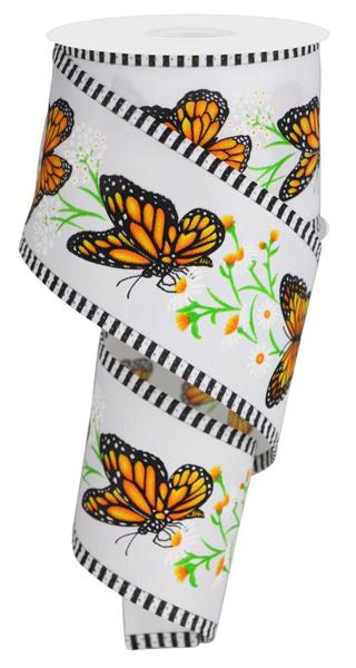 2.5" Monarch Butterflies, Daisies, Striped Edge (10 Yards) RGA874127 - White Bayou Wreaths & Supply