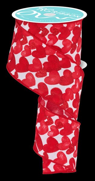 2.5" Multi Glitter Hearts On Pg Fabric: White, Red (10 Yards) RGF114627 - White Bayou Wreaths & Supply