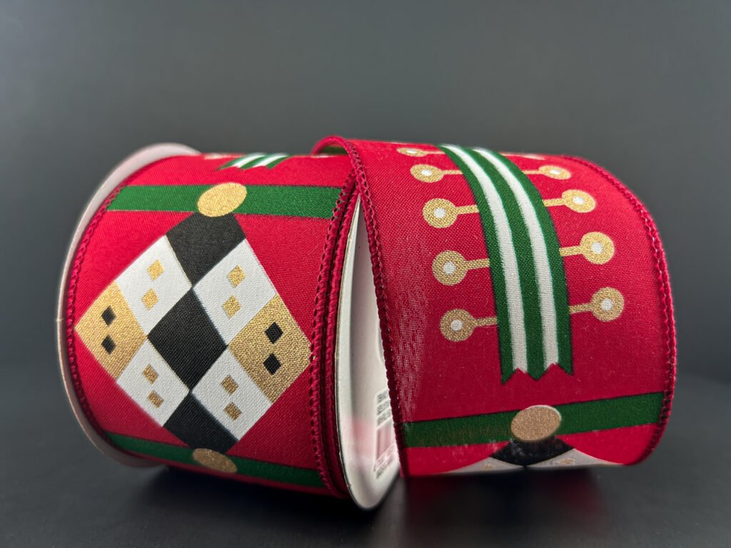 2.5" Nutcracker Stripes & Patterns Ribbon: Red & Green (10 Yards) 72439 - 40 - 07 - White Bayou Wreaths & Supply