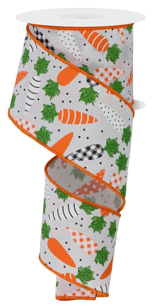 2.5" Patterned Carrots/Faux Royal: White, Orange, Green (10 Yards) RGE112927 - White Bayou Wreaths & Supply