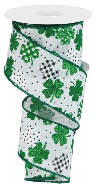 2.5" Patterned Shamrocks: White, Emerald, Black (10 Yards) RGC187727 - White Bayou Wreaths & Supply