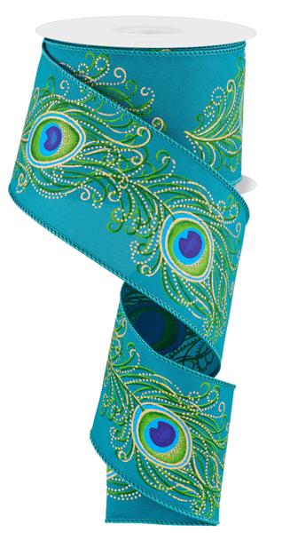 2.5" Peacock Feather: Dark Teal, Green, Blue, Gold (10 Yards) RGF107934 - White Bayou Wreaths & Supply