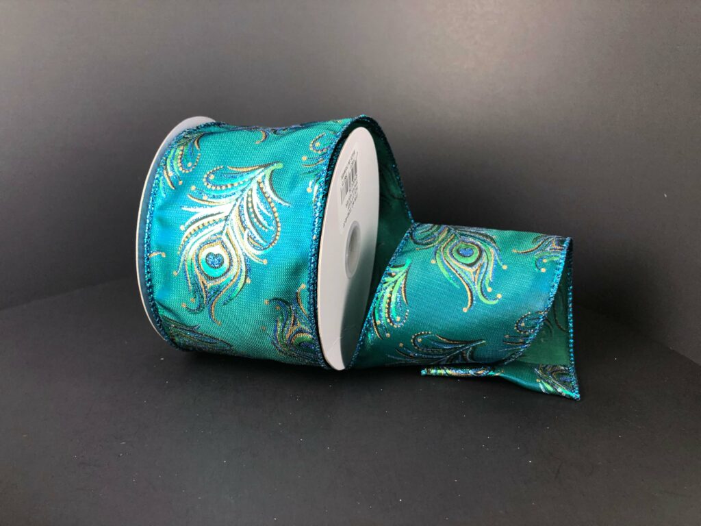 2.5" Peacock Metallic Feathers Ribbon: Teal, Blue (10 Yards) 72240 - 40 - 33 - White Bayou Wreaths & Supply