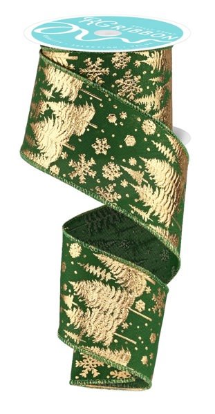 2.5" Pine Trees/Snowflakes: Emerald Green, Gold (10 Yards) RGF124006 - White Bayou Wreaths & Supply