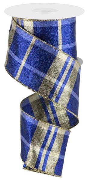 2.5" Plaid Faux Dupioni: Metallic Dark Blue, Gold (10 Yards) RGA123477 - White Bayou Wreaths & Supply