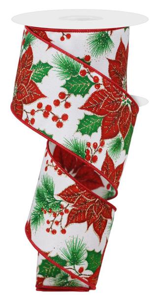 2.5" Poinsettia/Holly: White, Red, Green, Gold (10 Yards) RGE188827 - White Bayou Wreaths & Supply