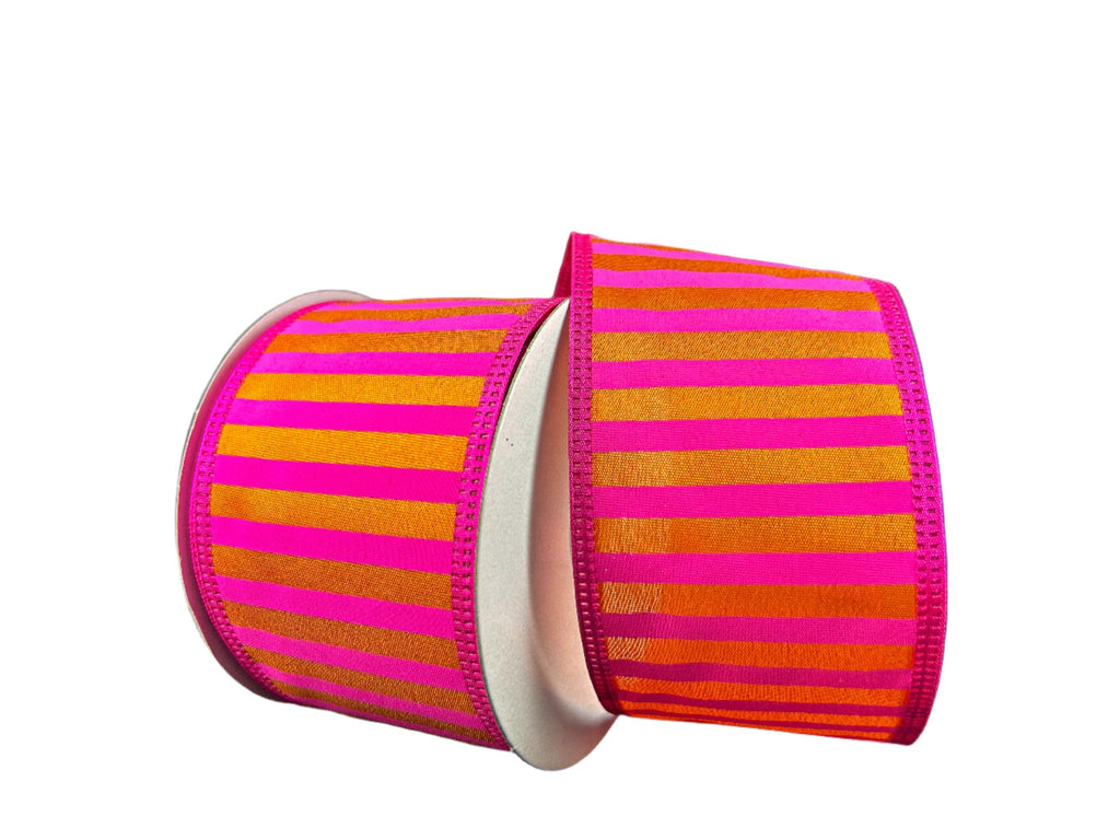 2.5" Satin Horizontal Stripes: Fuchsia, Orange (10 Yards) 46426 - 40 - 19 - White Bayou Wreaths & Supply